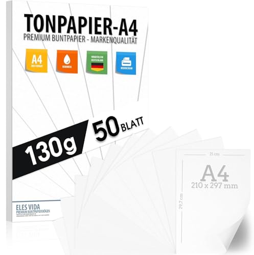 50 BLATT weißes Tonzeichenpapier 130g/m² - PREMIUM PAPIER Reinweiß - DIN A4-21 x 29,7 cm - Druckerpapier Weiss unbedruckt für Fotografie, Präsentationen, Basteln, FOTOKARTON, Karton - MADE IN GERMANY von ELES VIDA