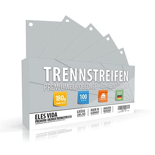 TRENNSTREIFEN 24 x 10,5 cm Blanko - Festes Material 190g - robust beschreibbar - AUS DEUTSCHLAND - für A5 und A4 Ringordner - Registerblätter für bessere Ordnung - 100 Stück Hellgrau von ELES VIDA