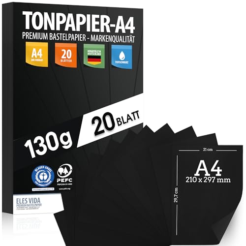 Tonpapier SCHWARZ - A4-130g/m² – Bastelpapier & Schwarzer Karton, Kinder & DIY Bogen, Basteln für Geschenke zum Kreativ sein Bedruckbar - BLAUER ENGEL & PEFC Zertifizierung - MADE IN GERMANY von ELES VIDA