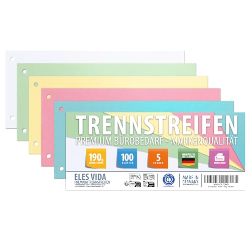 Trennstreifen Pastellfarben - Bunt 100 Stück – 5 Farben sortiert, 24x10,5cm, Gelocht, 190g/m², DIN A4 Ordner Trennblätter, Bedruckbar, Ideal zum Sortieren, BLAUER ENGEL zertifiziert, Made in Germany Trennstreifen Pastellfarben - Bunt 100 Stück – 5 Farben sortiert, 24x10,5cm, Gelocht, 190g/m², DIN A4 Ordner Trennblätter, Bedruckbar, Ideal zum Sortieren, BLAUER ENGEL zertifiziert, Made in Germany von ELES VIDA