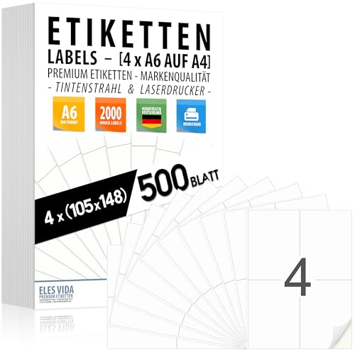 Versandlabels DIN A6 105x148 mm (4 Stück pro A4 Bogen) - 500 Blatt - 2000 Etiketten selbstklebend - matte weiße Oberfläche, Tinten- und Laserdrucker, (inkjet & laser) Versandlabels, MADE IN GERMANY von ELES VIDA