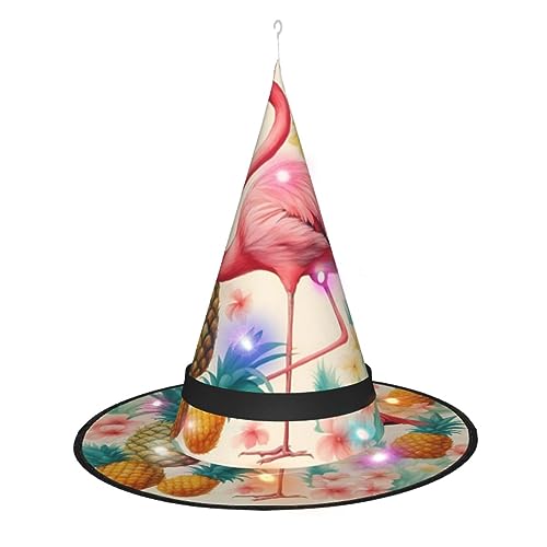 ELFcat Hexenhüte für Damen, Halloween-Hexenhüte mit Licht für Dekoration, Zaubererhut, Flamingo und Ananas, 3 Stück von ELFcat