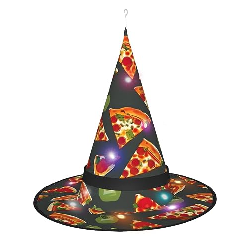 ELFcat Hexenhüte für Damen, Halloween-Hexenhüte mit Licht für Dekoration, Zaubererhut, Pizza-Muster, 3 Stück von ELFcat