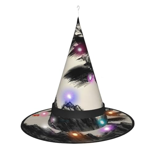 ELFcat Hexenhüte für Frauen, Halloween-Hexenhüte mit Licht für Dekoration, Zaubererhut, Landschaftsmalerei, 3 Stück von ELFcat