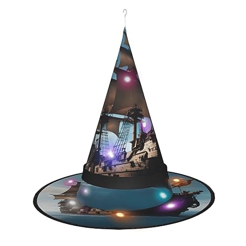 ELFcat Hexenhüte für Frauen, Halloween-Hexenhüte mit Licht für Dekoration, Zaubererhut, cooles Piratenschiff, 3 Stück von ELFcat