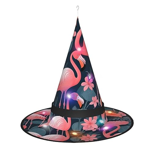 ELFcat Hexenhüte für Frauen, Halloween-Hexenhüte mit Licht für Dekoration, Zaubererhut, rosa Flamingos, 3 Stück von ELFcat
