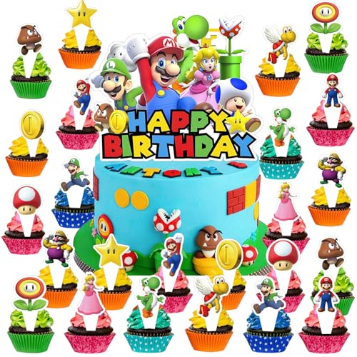 ELIE&EASON Mario Geburtstag Dekorationen, Mario Kuchen Topper mit 24 Cupcake Topper, Party Dekorationen Supplies für Fans Kinder Jugendliche ELIE&EASON Mario Geburtstag Dekorationen, Mario Kuchen Topper mit 24 Cupcake Topper, Party Dekorationen Supplies für Fans Kinder Jugendliche von ELIE&EASON