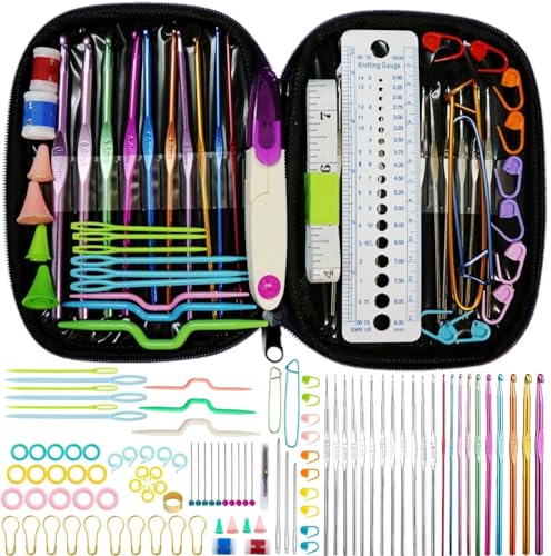 ELINKA Häkelnadeln, gemischtes Aluminiumgriff, Stricknadeln, Nähwerkzeug, komplettes Set, Stricklehre, Schere, Stichhalter, Webgarn-Set von 101 Stück von ELINKA
