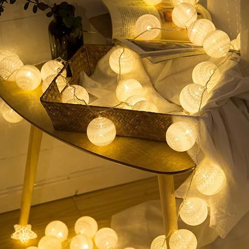 LED Lichterkette Innen Baumwollkugeln,3,3M/10,8ft 20er Lichterkette Batterie Kugeln,Boho Lichterketten Balkon Cotton Ball für Kinderzimmer Weihnachten Hochzeit Party Beleuchtung Dekoration(Weiß) von ELINKUME