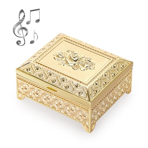 ELLDOO Vintage Spieluhr, Gold Metall Musik-Schmuckschatulle Andenken-Box, Rosenmuster, kleine Schmuck-Aufbewahrungsbox, Geschenk für Mädchen und Frauen (Tune: You are My Sunshine) von ELLDOO