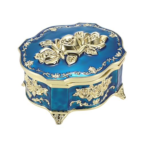 ELLDOO Vintage-Spieluhr, blaues Metall, Musik-Schmuckschatulle, Andenkenbox, kleine Schmuckaufbewahrung, Organizer, Schmuckaufbewahrung, Geschenk für Mädchen und Frauen (Tune: You are My Sunshine) von ELLDOO