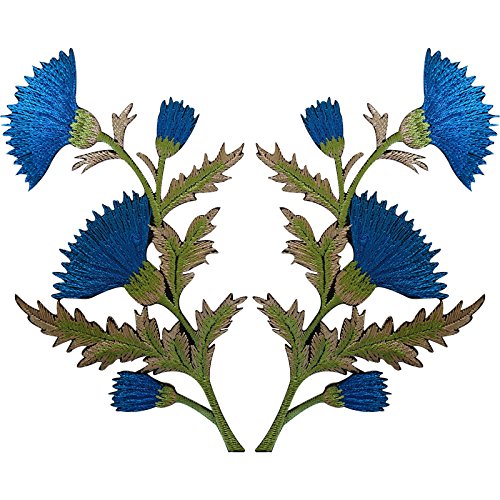 1 Paar blaue Distelblumen-Aufnäher zum Aufbügeln oder Aufnähen, bestickter Aufnäher mit Blumen. von ELLU