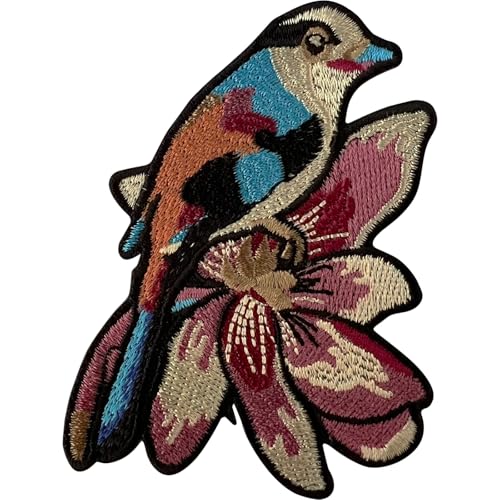 Aufnäher zum Aufbügeln oder Aufnähen auf Jeansjacke, Hemd, bestickt, Motiv: Blume, Vogel von ELLU
