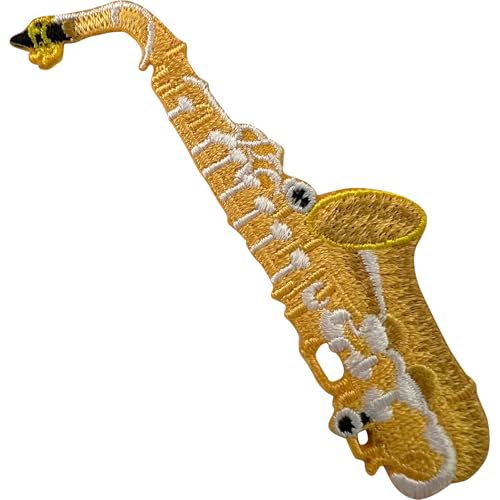 Bestickter Aufnäher mit Saxophon-Motiv, zum Aufbügeln oder Aufnähen auf Jeans, Musik-Stickerei von ELLU