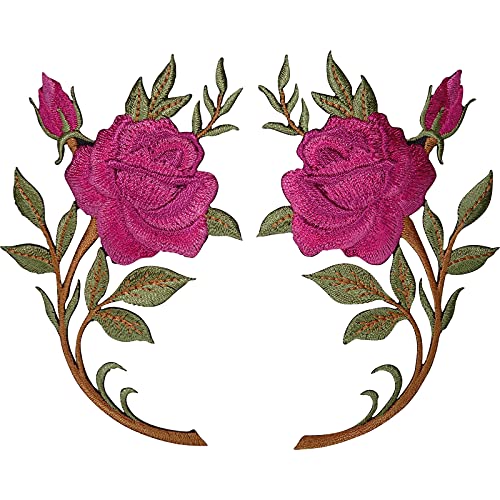 ELLU Paar rosa Rose Blumenaufnäher zum Aufbügeln Aufnähen gestickter Aufnäher Abzeichen Blumen von ELLU