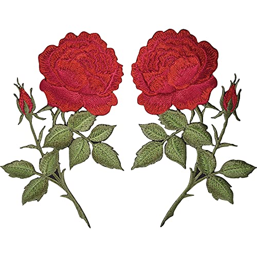 ELLU Paar rote Rosen-Blumen-Aufnäher zum Aufbügeln auf Jeans-Kleidung-Blumen-Patch-Abzeichen von ELLU