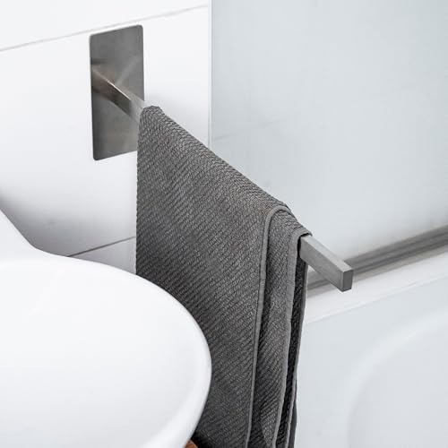 ELMOWO - Premium Edelstahl Handtuchhalter ohne Bohren selbstklebend inkl. Spezialkleber (extrem sicherer Halt) Wand Handtuchstange für Bad - Moderne Handtuchhalterung für Badezimmer einarmig (Silber) von ELMOWO