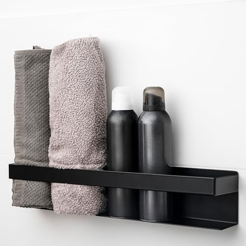 ELMOWO - Premium Edelstahl Handtuchregal ohne Bohren selbstklebend inkl. Spezialkleber (extrem sicherer Halt) - Bad Handtuchhalter Halterung für 5 Handtücher - Handtuch Regal für Badezimmer (schwarz) von ELMOWO