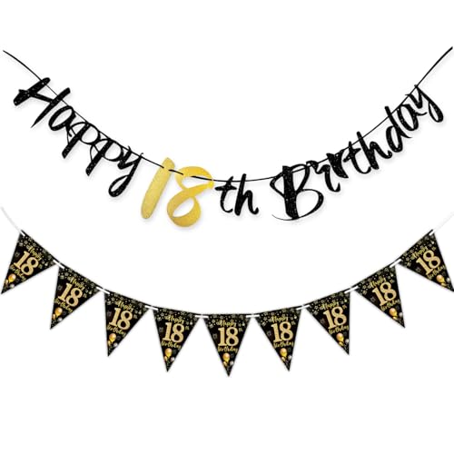 ELNX Banner zum 18. Geburtstag, Banner „Happy 18th Birthday“, schwarz-goldene Dekorationen zum 18. Geburtstag für Jungen und Mädchen, Partydekorationen zum 18. Geburtstag ELNX Banner zum 18. Geburtstag, Banner „Happy 18th Birthday“, schwarz-goldene Dekorationen zum 18. Geburtstag für Jungen und Mädchen, Partydekorationen zum 18. Geburtstag von ELNX