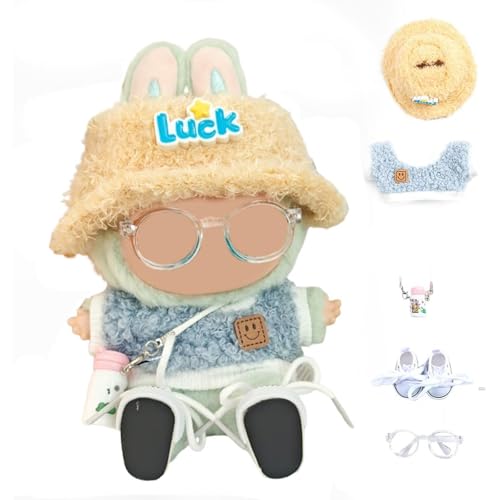 5 Stück Puppe Kleidung Set für 17cm Plüsch Kuscheltier - Doll Clothes Outfits & Accessories Set with Hat + Sweater + Water Bottle or Camera + Sneakers + Glass, Nur Puppenbekleidung (Style A Blue) von ELYSORA