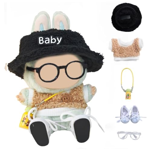 5 Stück Puppe Kleidung Set für 17cm Plüsch Kuscheltier - Doll Clothes Outfits & Accessories Set with Hat + Sweater + Water Bottle or Camera + Sneakers + Glass, Nur Puppenbekleidung (Style A Brown) von ELYSORA