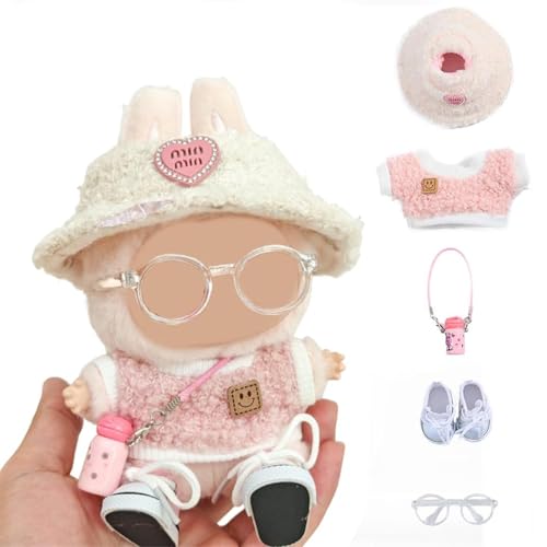 5 Stück Puppe Kleidung Set für 17cm Plüsch Kuscheltier - Doll Clothes Outfits & Accessories Set with Hat + Sweater + Water Bottle or Camera + Sneakers + Glass, Nur Puppenbekleidung (Style A Pink) von ELYSORA