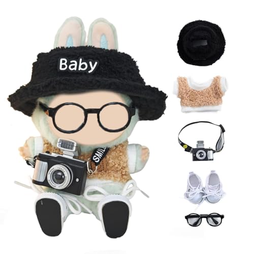 5 Stück Puppe Kleidung Set für 17cm Plüsch Kuscheltier - Doll Clothes Outfits & Accessories Set with Hat + Sweater + Water Bottle or Camera + Sneakers + Glass, Nur Puppenbekleidung (Style B Brown) von ELYSORA