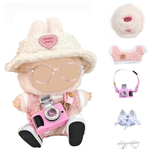 5 Stück Puppe Kleidung Set für 17cm Plüsch Kuscheltier - Doll Clothes Outfits & Accessories Set with Hat + Sweater + Water Bottle or Camera + Sneakers + Glass, Nur Puppenbekleidung (Style B Pink) von ELYSORA