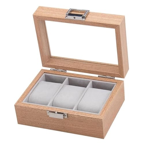 EMAFORO Uhrenbox mit 3 Fächern, Uhren-Vitrine, Holz-Schmuckschatulle, Damen-Uhren-Box, Organizer, Schmuckschatulle, Organizer für Frauen, Teenager, Mädchen von EMAFORO