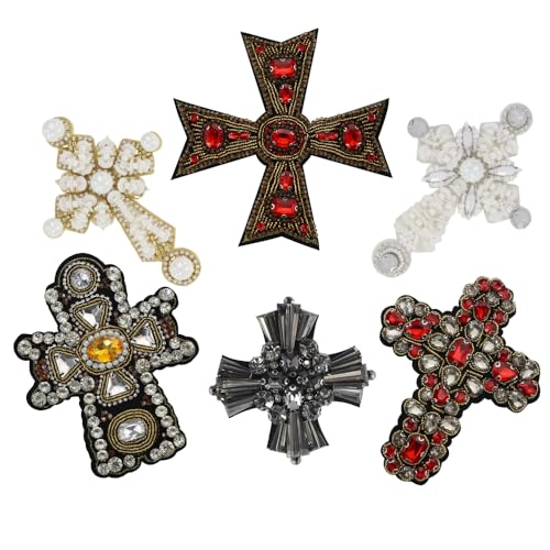 Aufnäher mit Perlen, Kristall, Strasssteine, Kreuz-Design, Applikation, Aufnähen, Kleidung, Taschen, Dekoration, DIY, Kreuz, Blumenmuster, Nähabzeichen, Emblem, 2 Stück (G-Mix, 6 Stück) von EMDOMO