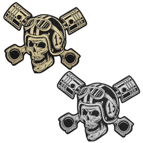 Aufnäher zum Aufbügeln, Motiv: Helm, Totenkopf, bestickt, für Kleidung, Jeans, Hut, Rucksäcke, Jacken, Accessoires (2 Stück) von EMDOMO