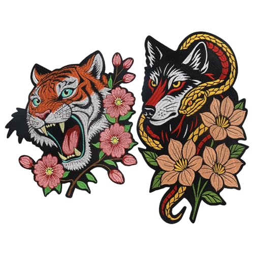 Aufnäher zum Aufbügeln, Motiv: Roaring Tiger zum Aufbügeln, für Rucksack, Applikation, bestickt, blühende Blume, Schlange, Wolf für Reparaturen, Jacken, Jeans (C Mix 2 Stück) von EMDOMO