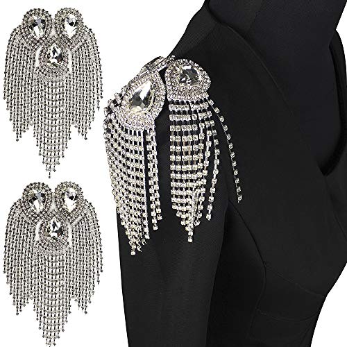 EMDOMO 2 Stück Perlen Diamant Wassertropfen Design Patches Kristall Fransen Quaste Strass Schulter Abzeichen Broschen Frauen Kleid Applique von EMDOMO