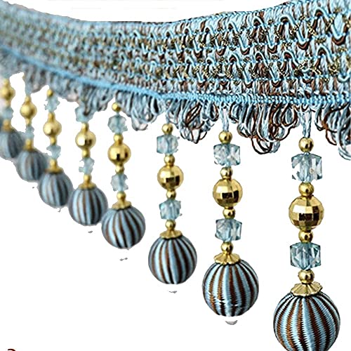 EMDOMO Fransenband mit Pompoms, 2,7 m, für Klavierabdeckung, dekoratives Vorhangband (blau) von EMDOMO