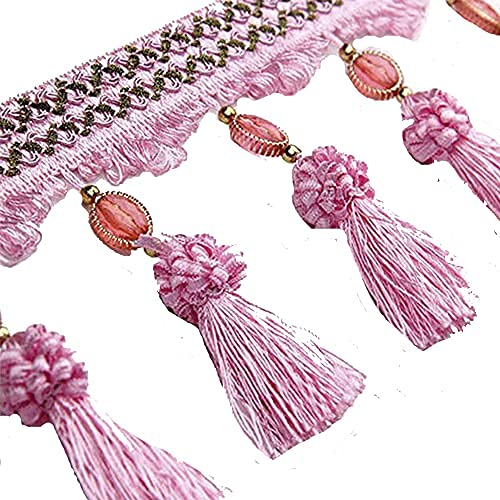 Pompom-Vorhang, Fransenbordüre, Perlen, Kugelquaste, Nähband, Polsterstoff, 2,7 m (Rosa) von EMDOMO