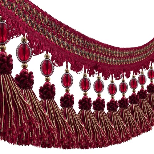 Pompom-Vorhang, Fransenbordüre, Perlen, Kugelquaste, Nähband, Polsterstoff, Rot, 2,7 m von EMDOMO