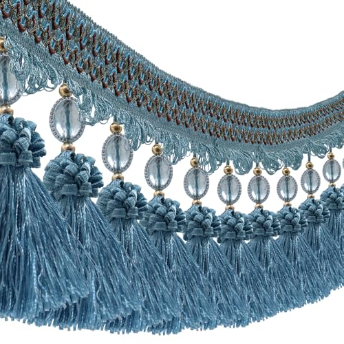 Pompom-Vorhang, Fransenbordüre, Perlen, Kugelquaste, Nähband, Polsterstoff, Blau, 2,9 m von EMDOMO