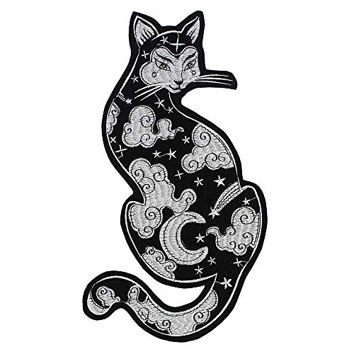EMDOMO Stickerei-Aufnäher mit süßem Mond, Wolken, schwarz-weiße Katze, zum Aufbügeln, 2 Stück von EMDOMO