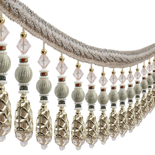 Fransenborte mit Perlen, Quasten, Vorhang, Fransenbesatz, dekorativer Vorhang, Quasten, Lampenschirme, Boho-Besatz, verziert, Nähen, Polstervorhänge, 2,7 m (beige) von EMDOMO