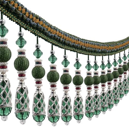 Fransenborte mit Perlen, Quasten, Vorhang, Fransenbesatz, dekorativer Vorhang, Quasten, Lampenschirme, Boho-Besatz, verziert, Nähen, Polstervorhänge, 2,7 m (grün) von EMDOMO