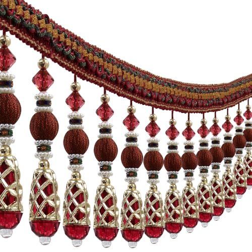 Fransenborte mit Perlen, Quasten, Vorhang, Fransenbesatz, dekorativer Vorhang, Quasten, Lampenschirme, Boho-Besatz, verziert, Nähen, Polstervorhänge, 2,7 m (rot) von EMDOMO