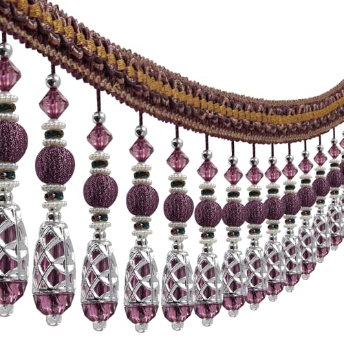 Fransenborte mit Perlen, Quasten, Vorhang, Fransenbesatz, dekorativer Vorhang, Quasten, Lampenschirme, Boho-Bordüre, verziert, Nähen, Polstervorhänge, 2,7 m (lila) von EMDOMO