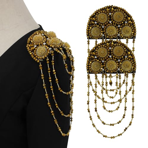 EMDOMO Gold Quaste Fransen Epauletten Strass Schulter Patches Perlen Quaste Broschen Abzeichen für Kleid Formale Anzug Ringmaster 2 Stück von EMDOMO