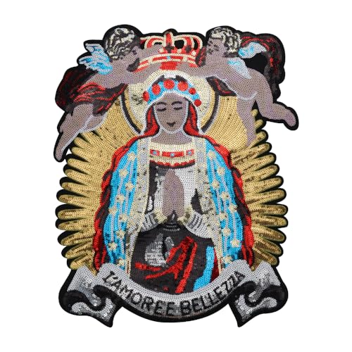 Große Pailletten-Applikation mit Jungfrau Maria und Jungen, Stoff, Stickerei, Rücken-Patch für Jacke, 1 Stück von EMDOMO