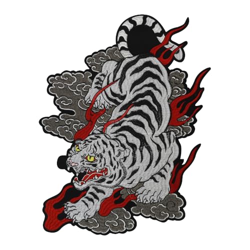 Großer Tiger-Aufnäher, Motiv: brüllender gestreifter weißer Tiger, bestickt, zum Aufbügeln, Stickerei, Tigeremblem Großer Tiger-Aufnäher, Motiv: brüllender gestreifter weißer Tiger, bestickt, zum Aufbügeln, Stickerei, Tigeremblem von EMDOMO