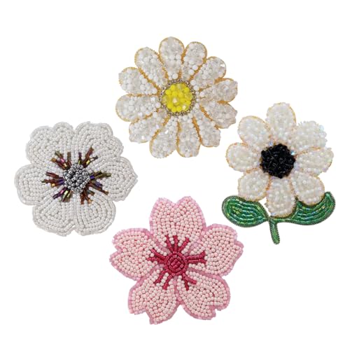 Handgefertigte exquisite Blumenapplikation mit Perlen, Strasssteine, Blumenaufnäher für Kleider, Kleidungsstücke, Dekoration, Nähzubehör (M Mix 4 Stück) von EMDOMO