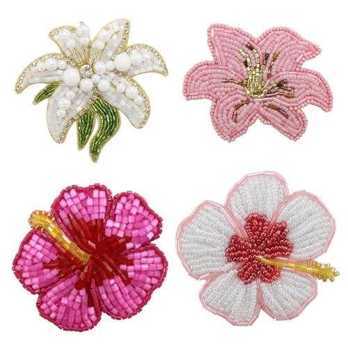 Handgefertigte exquisite Blumenapplikation mit Perlen, Strasssteine, Blumenaufnäher für Kleider, Kleidungsstücke, Dekoration, Nähzubehör (N-Mix, 4 Stück) von EMDOMO