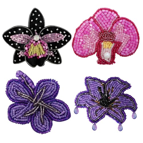 Handgefertigte exquisite Blumenapplikation mit Perlen, Strasssteine, Blumenaufnäher für Kleider, Kleidungsstücke, Dekoration, Nähzubehör (O Mix 4 Stück) von EMDOMO