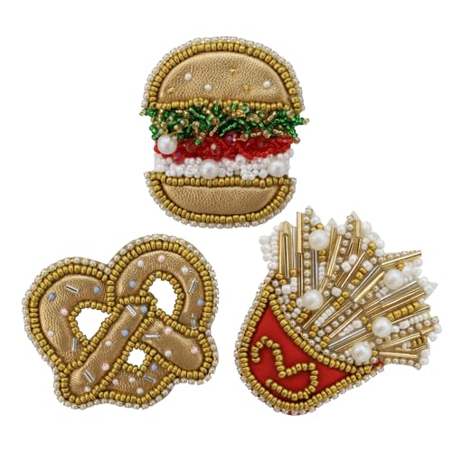 Perlenapplikation, Motiv: Pommes Frites, Hamburger, Emblem, für Rucksäcke, Jeans, Jacken, Hüte, Bastelbedarf, zum Aufnähen (D Mix 3 Stück) von EMDOMO