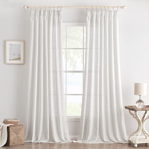 EMEMA Gardinen Vorhänge Leinenvorhang mit Kräuselband Voile Vorhang Leinenoptik Modern Halbtransparent für Wohnzimmer Dekoschal Küchengardinen Schlaufenschal Schlafzimmer Reines Weiß 140 x 260 cm von EMEMA